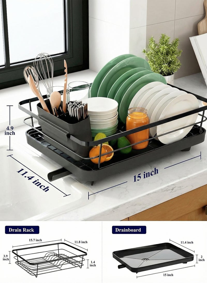 KOOKNA Dish Drying Rack, Dish Drainer, Kitchen Sink Organizer, Rustproof Stainless Steel Dish Rack with Drainboard, Space Saving Kitchen Storage for Home, Apartments, and Offices, Black - Image 2